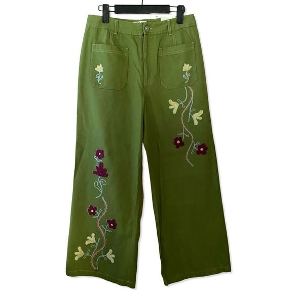 Free People We The Free pants jeans winter bloom embroidered green wide leg 27 - Picture 5 of 10